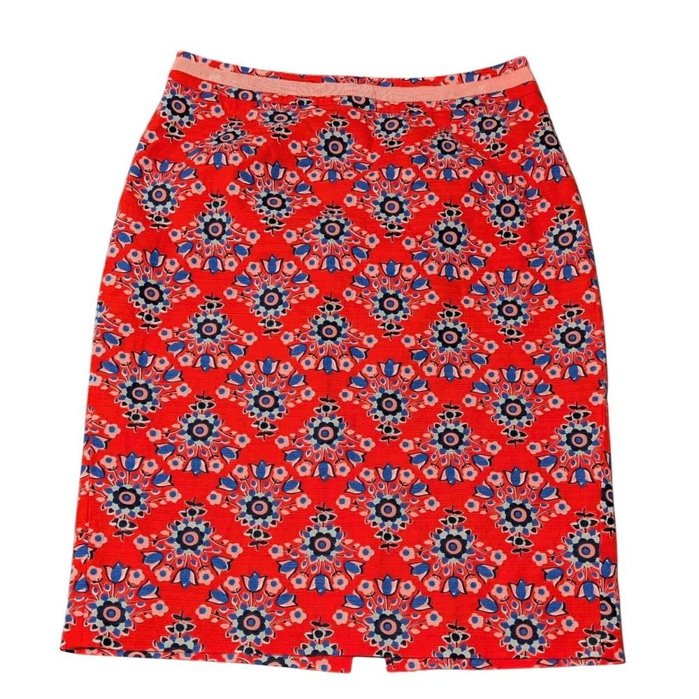 Boden Red Floral Medallion Cotton Blend Pencil Skirt US 6R UK 10R Grosgrain Trim